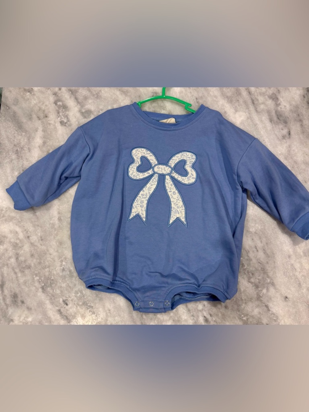 Little Joy Co Long Sleeve Baby One-Piece with White Bow Applique - Blue